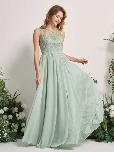 Carlyna Cora A-Line Sage Green Embroidered Bridesmaid Dress Maxi Sleeveless Boat Neck Dress Side View 2 #color_sage-green