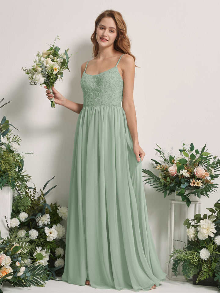 Sage Green Bridesmaid Dresses A-line Spaghetti-straps Sleeveless Chiffon Dresses (83221205)