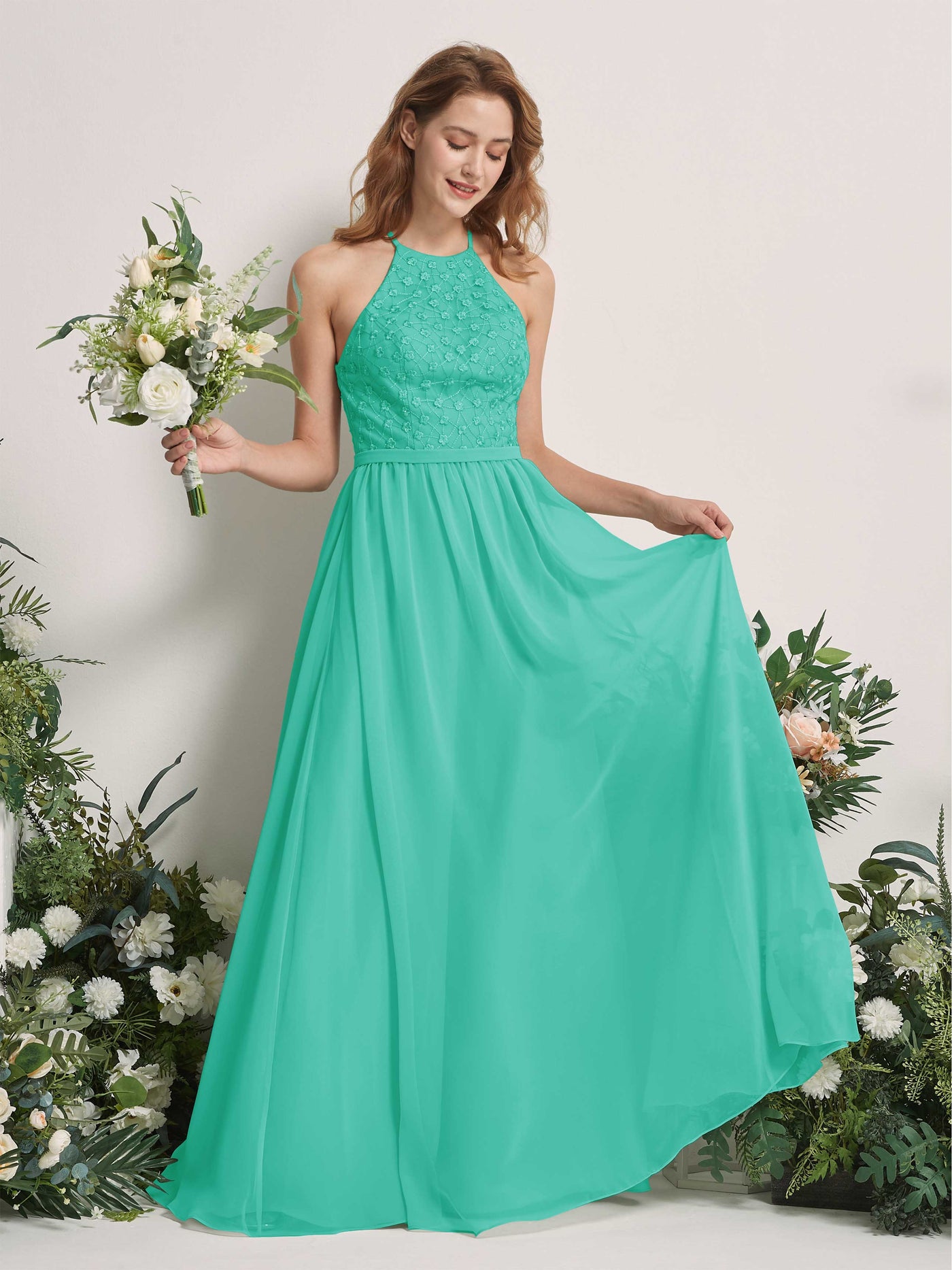 Tiffany Bridesmaid Dresses A-line Halter Sleeveless Chiffon Dresses (83220832)#color_tiffany