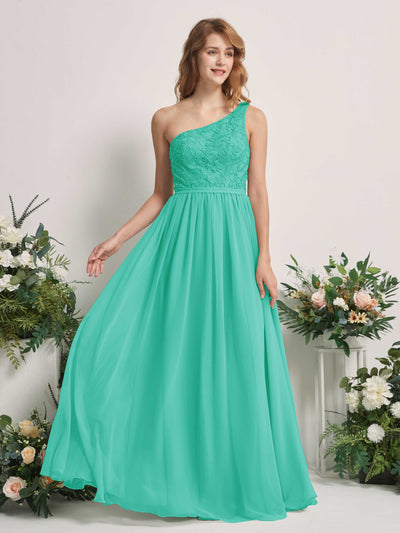 Carlyna Bonita A-Line Tiffany Embroidered Bridesmaid Dress Maxi Sleeveless One Shoulder Dress Front View #color_tiffany