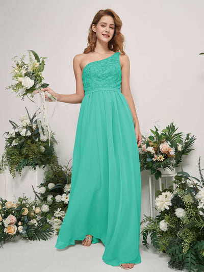 Carlyna Bonita A-Line Tiffany Embroidered Bridesmaid Dress Maxi Sleeveless One Shoulder Dress Side View 2 #color_tiffany