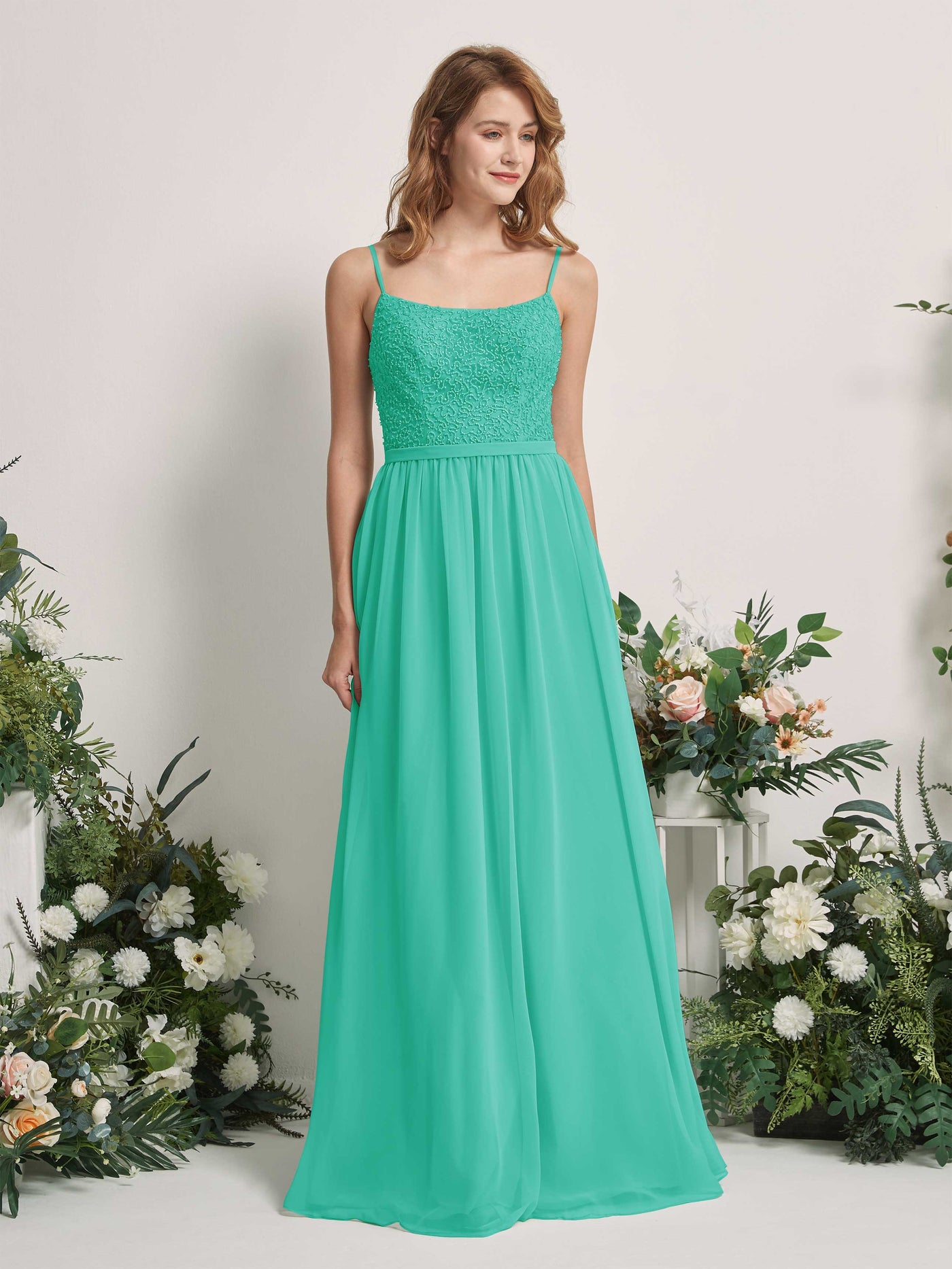 Tiffany Bridesmaid Dresses A-line Open back Spaghetti-straps Sleeveless Dresses (83220132)#color_tiffany