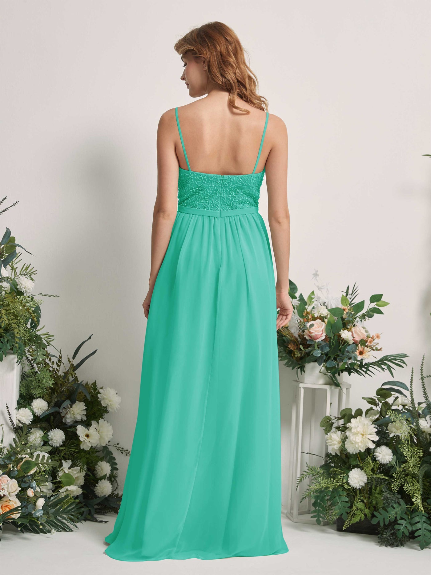 Tiffany Bridesmaid Dresses A-line Open back Spaghetti-straps Sleeveless Dresses (83220132)#color_tiffany