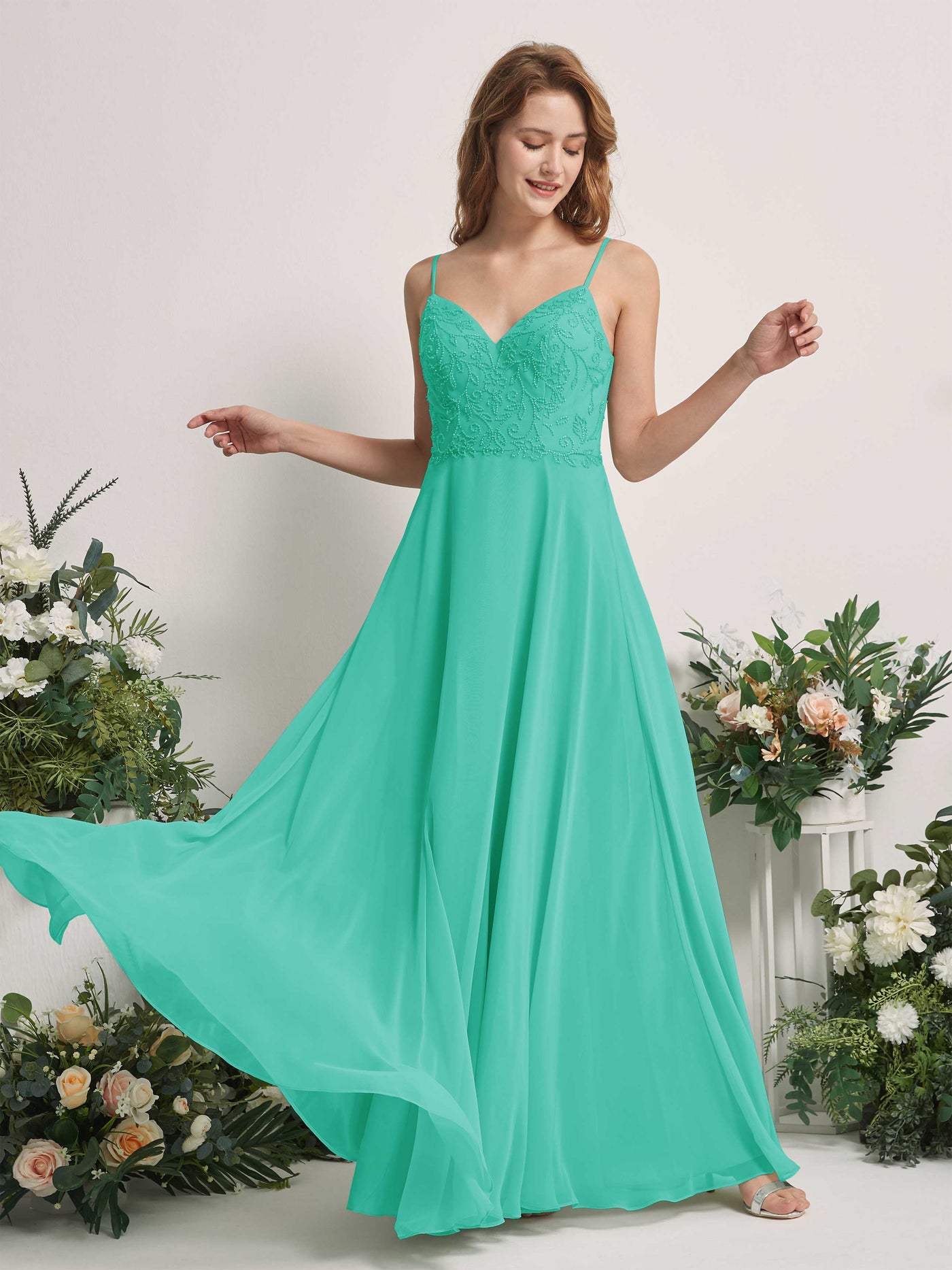 Tiffany Bridesmaid Dresses A-line Open back Spaghetti-straps Sleeveless Dresses (83221132)#color_tiffany