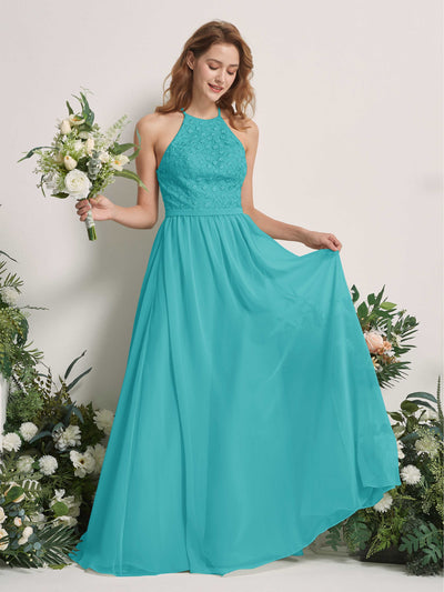 Carlyna Denise A-Line Turquoise Embroidered Bridesmaid Dress Maxi Sleeveless Round Neck Dress Front View #color_turquoise