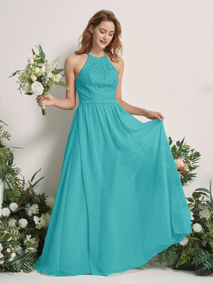 Turquoise Bridesmaid Dresses A-line Halter Sleeveless Chiffon Dresses (83220823)