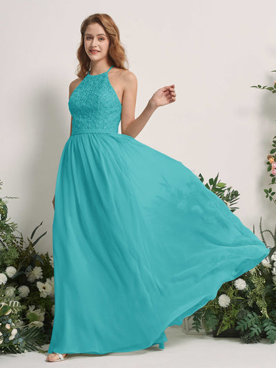 Carlyna Denise A-Line Turquoise Embroidered Bridesmaid Dress Maxi Sleeveless Round Neck Dress Side View 2 #color_turquoise