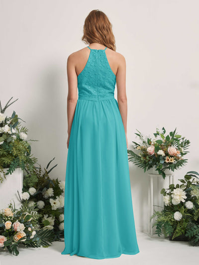 Carlyna Denise A-Line Turquoise Embroidered Bridesmaid Dress Maxi Sleeveless Round Neck Dress Back View #color_turquoise