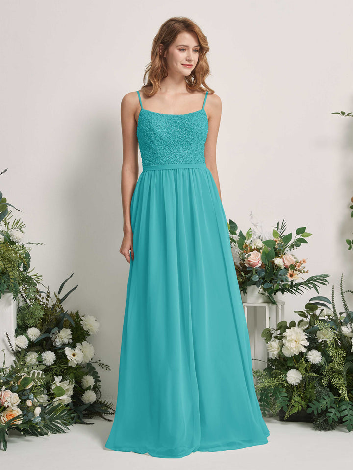 Turquoise Bridesmaid Dresses A-line Open back Spaghetti-straps Sleeveless Dresses (83220123)