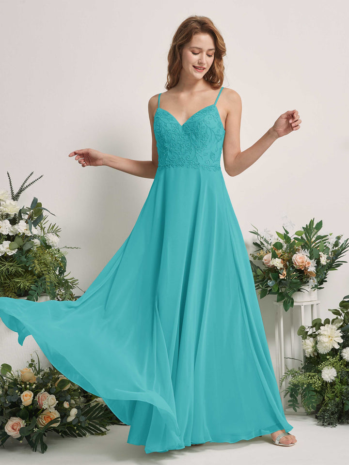 Turquoise Bridesmaid Dresses A-line Open back Spaghetti-straps Sleeveless Dresses (83221123)