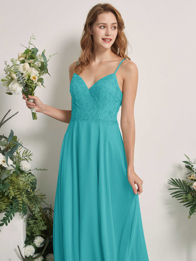 Carlyna Gail A-Line Turquoise Beaded Bridesmaid Dress Maxi Sleeveless V-Neck Dress Side View 2 #color_turquoise