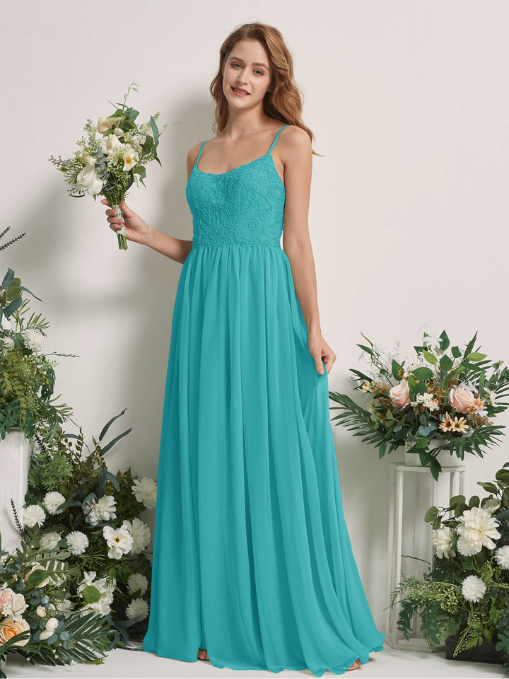 Turquoise Bridesmaid Dresses A-line Spaghetti-straps Sleeveless Chiffon Dresses (83221223)