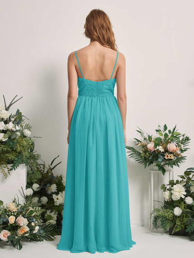 Carlyna Verna A-Line Turquoise Beaded Bridesmaid Dress Maxi Sleeveless Sweetheart Dress Back View #color_turquoise