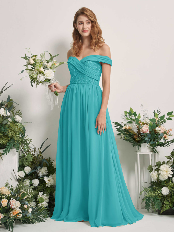 Turquoise Bridesmaid Dresses Ball Gown Off Shoulder Sleeveless Chiffon Dresses (83220423)