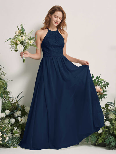 Carlyna Denise A-Line Navy Embroidered Bridesmaid Dress Maxi Sleeveless Round Neck Dress Front View #color_navy