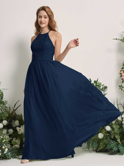 Carlyna Denise A-Line Navy Embroidered Bridesmaid Dress Maxi Sleeveless Round Neck Dress Side View 2 #color_navy
