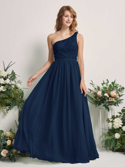 Carlyna Bonita A-Line Navy Embroidered Bridesmaid Dress Maxi Sleeveless One Shoulder Dress Front View #color_navy