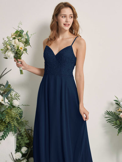 Carlyna Gail A-Line Navy Beaded Bridesmaid Dress Maxi Sleeveless V-Neck Dress Side View 2 #color_navy