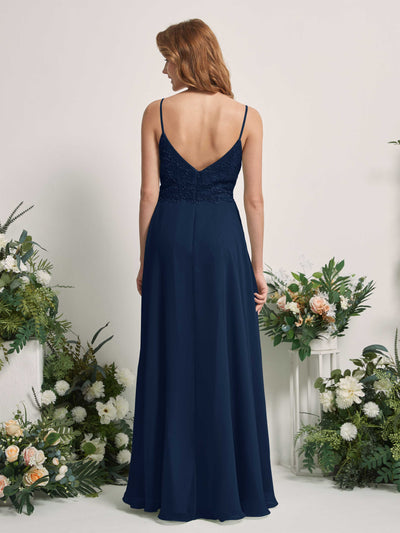 Carlyna Gail A-Line Navy Beaded Bridesmaid Dress Maxi Sleeveless V-Neck Dress Back View #color_navy