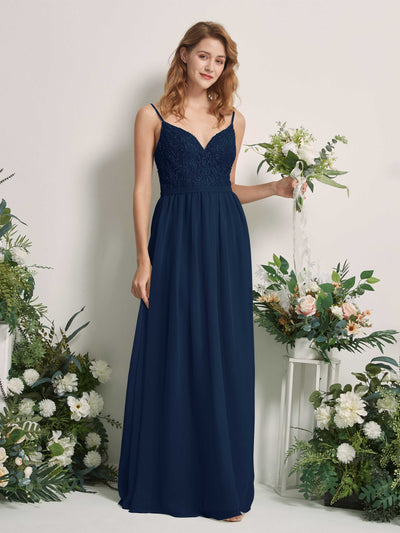 Carlyna Alexandra A-Line Navy Beaded Bridesmaid Dress Maxi Sleeveless V-Neck Dress Front View #color_navy