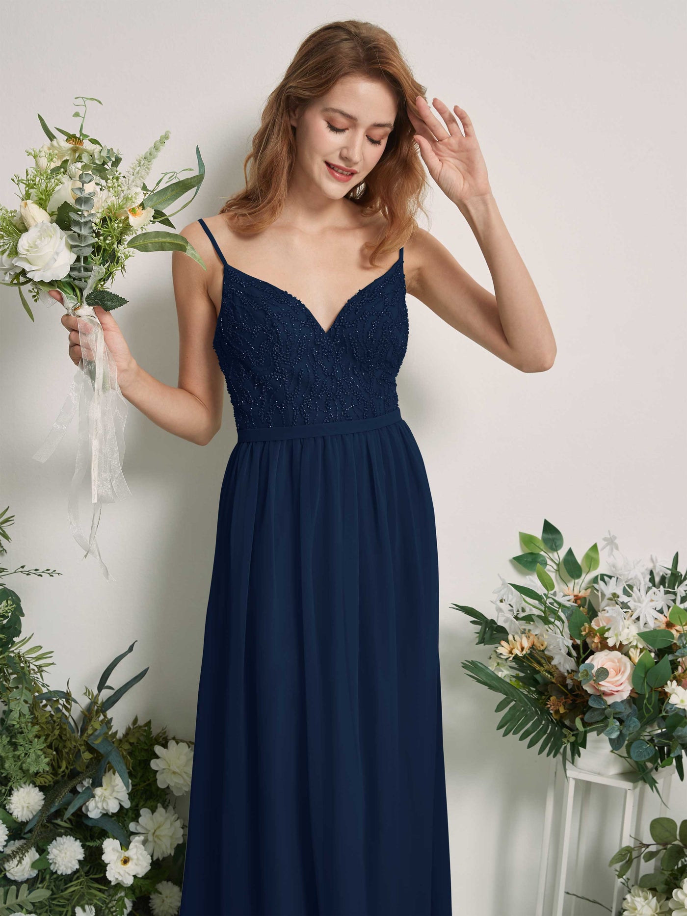 navy beaded bridesmaid dress Glitter Sequin V-neck Off The Shoulder Satin Mermaid Bridesmaid Dresses