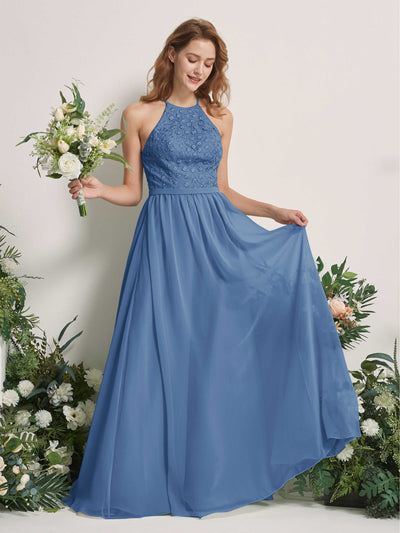 Carlyna Denise A-Line Dusty Blue Embroidered Bridesmaid Dress Maxi Sleeveless Round Neck Dress Front View #color_dusty-blue