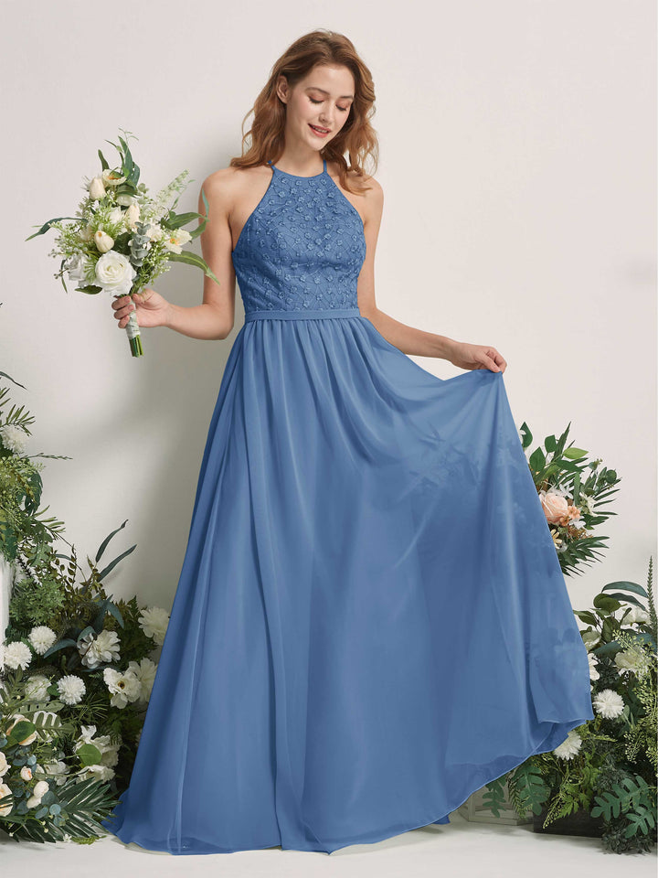 Dusty Blue Bridesmaid Dresses A-line Halter Sleeveless Chiffon Dresses (83220810)