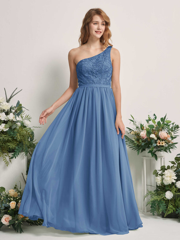 Dusty Blue Bridesmaid Dresses A-line Open back One Shoulder Sleeveless Dresses (83220510)