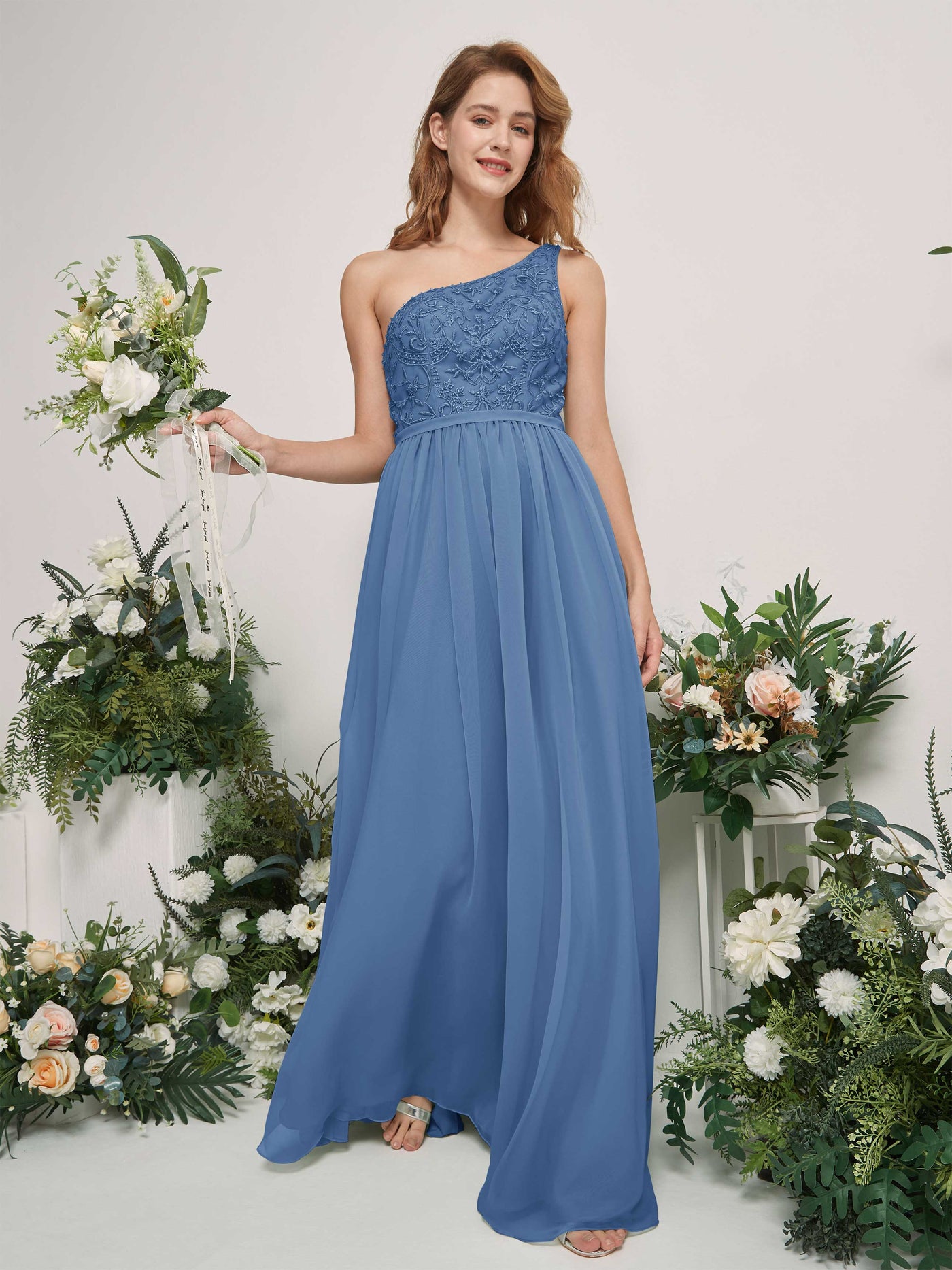Dusty Blue Bridesmaid Dresses A-line Open back One Shoulder Sleeveless Dresses (83220510)#color_dusty-blue