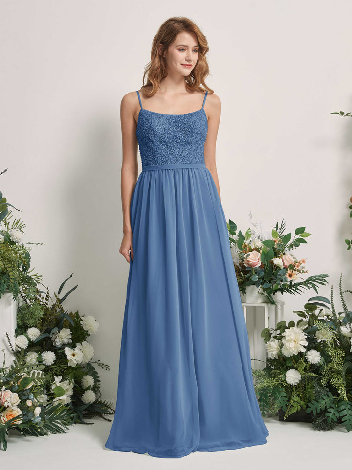 Dusty Blue Bridesmaid Dresses A-line Open back Spaghetti-straps Sleeveless Dresses (83220110)