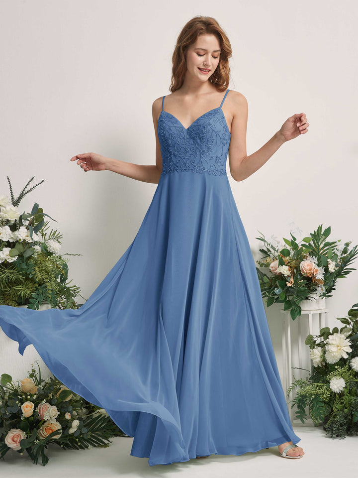 Dusty Blue Bridesmaid Dresses A-line Open back Spaghetti-straps Sleeveless Dresses (83221110)