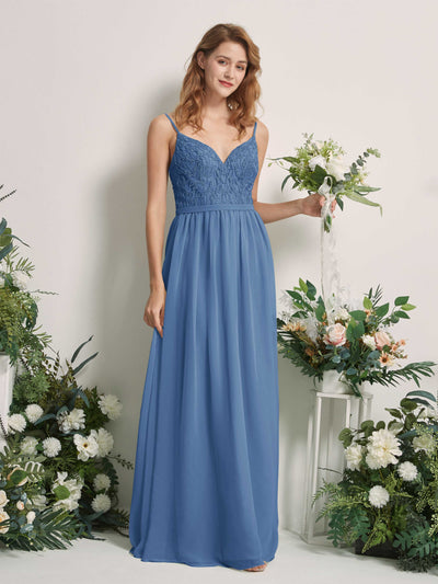 Carlyna Alexandra A-Line Dusty Blue Beaded Bridesmaid Dress Maxi Sleeveless V-Neck Dress Front View #color_dusty-blue