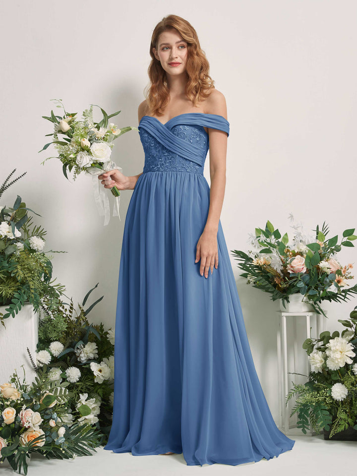 Dusty Blue Bridesmaid Dresses Ball Gown Off Shoulder Sleeveless Chiffon Dresses (83220410)