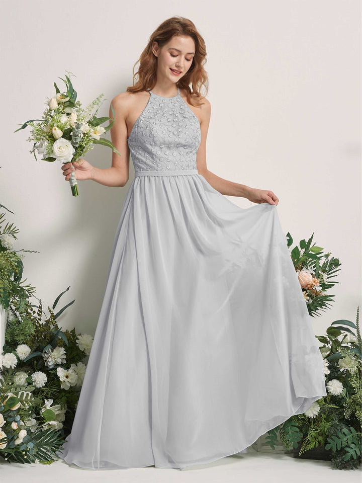 Silver Bridesmaid Dresses A-line Halter Sleeveless Chiffon Dresses (83220827)