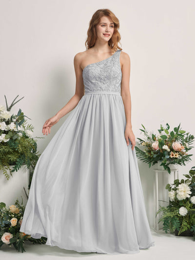 Carlyna Bonita A-Line Silver Embroidered Bridesmaid Dress Maxi Sleeveless One Shoulder Dress Front View #color_silver