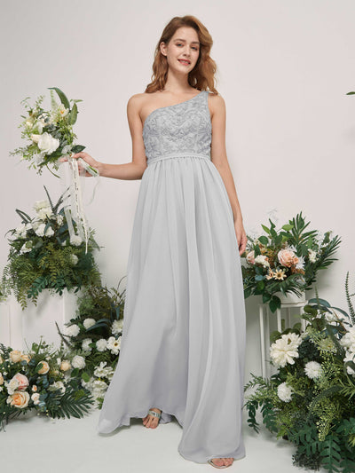 Carlyna Bonita A-Line Silver Embroidered Bridesmaid Dress Maxi Sleeveless One Shoulder Dress Side View 2 #color_silver
