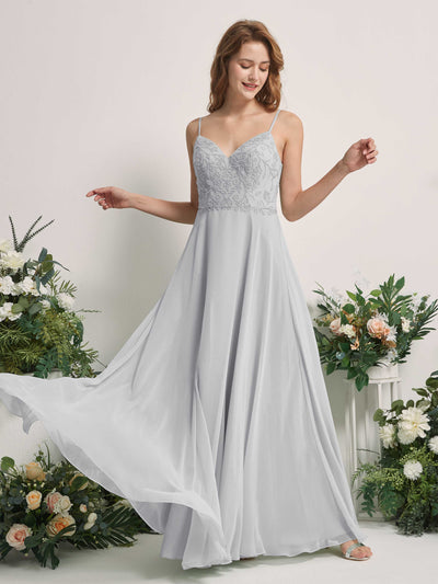Carlyna Gail A-Line Silver Beaded Bridesmaid Dress Maxi Sleeveless V-Neck Dress Front View #color_silver