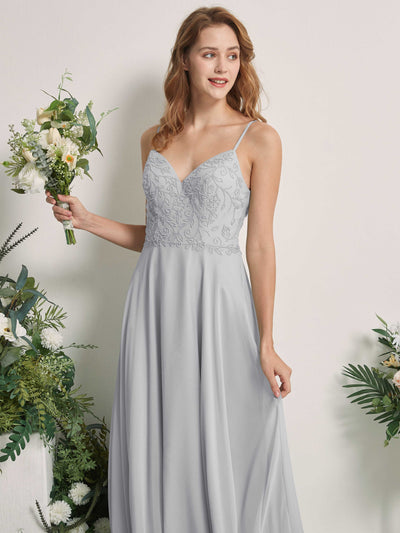 Carlyna Gail A-Line Silver Beaded Bridesmaid Dress Maxi Sleeveless V-Neck Dress Side View 2 #color_silver