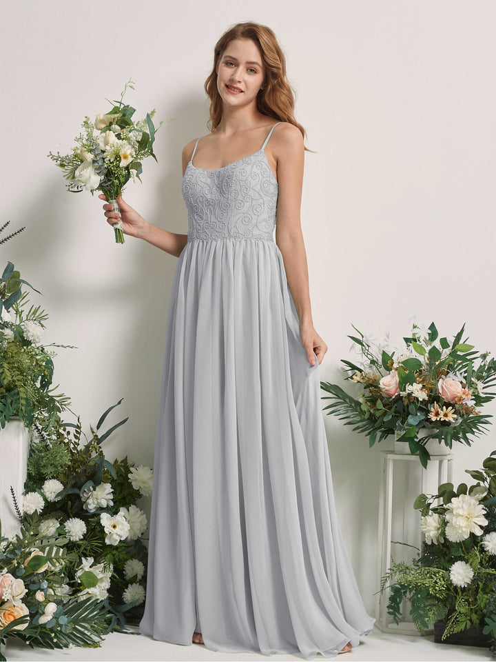 Silver Bridesmaid Dresses A-line Spaghetti-straps Sleeveless Chiffon Dresses (83221227)