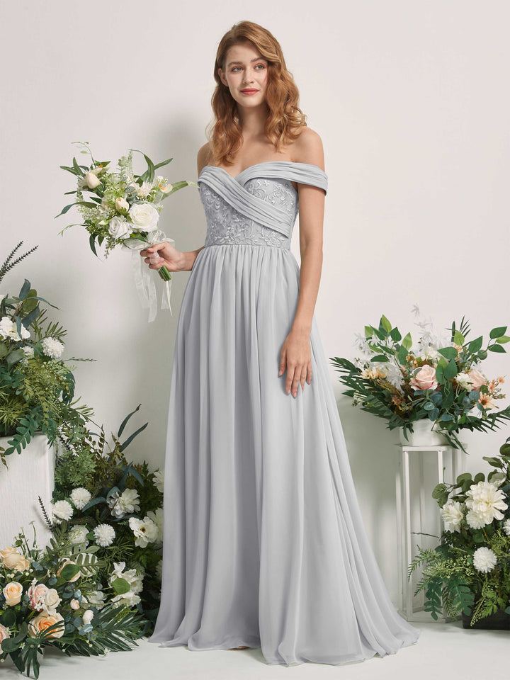 Silver Bridesmaid Dresses Ball Gown Off Shoulder Sleeveless Chiffon Dresses (83220427)
