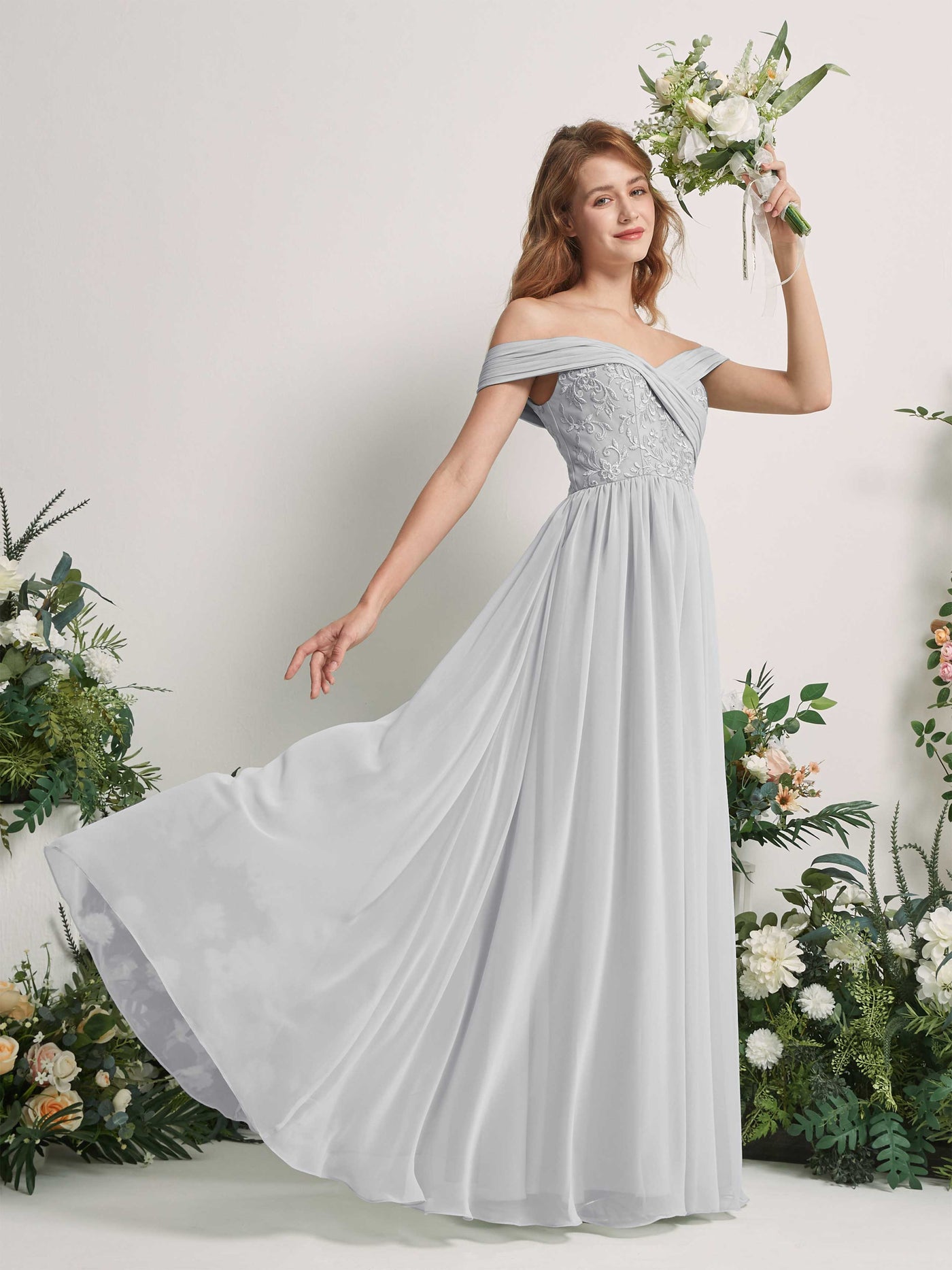 Silver Bridesmaid Dresses Ball Gown Off Shoulder Sleeveless Chiffon Dresses (83220427)#color_silver