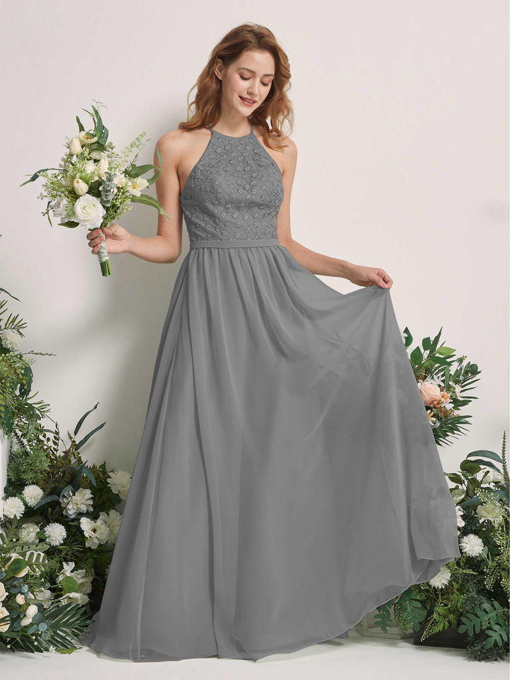 Steel Gray Bridesmaid Dresses A-line Halter Sleeveless Chiffon Dresses (83220820)