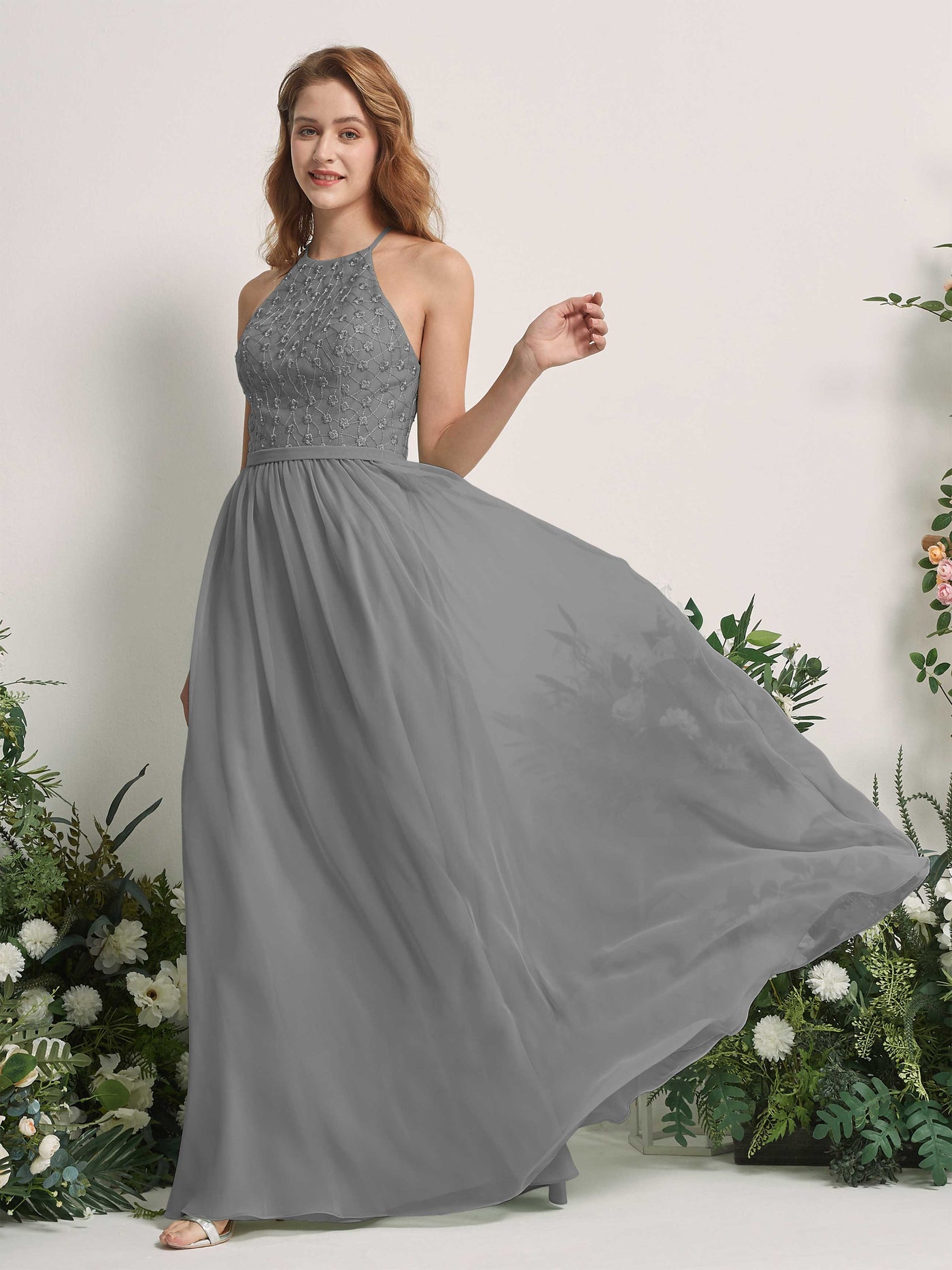 Steel Gray Bridesmaid Dresses A-line Halter Sleeveless Chiffon Dresses (83220820)#color_steel-gray