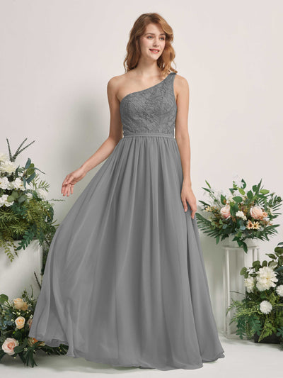 Carlyna Bonita A-Line Steel Gray Embroidered Bridesmaid Dress Maxi Sleeveless One Shoulder Dress Front View #color_steel-gray