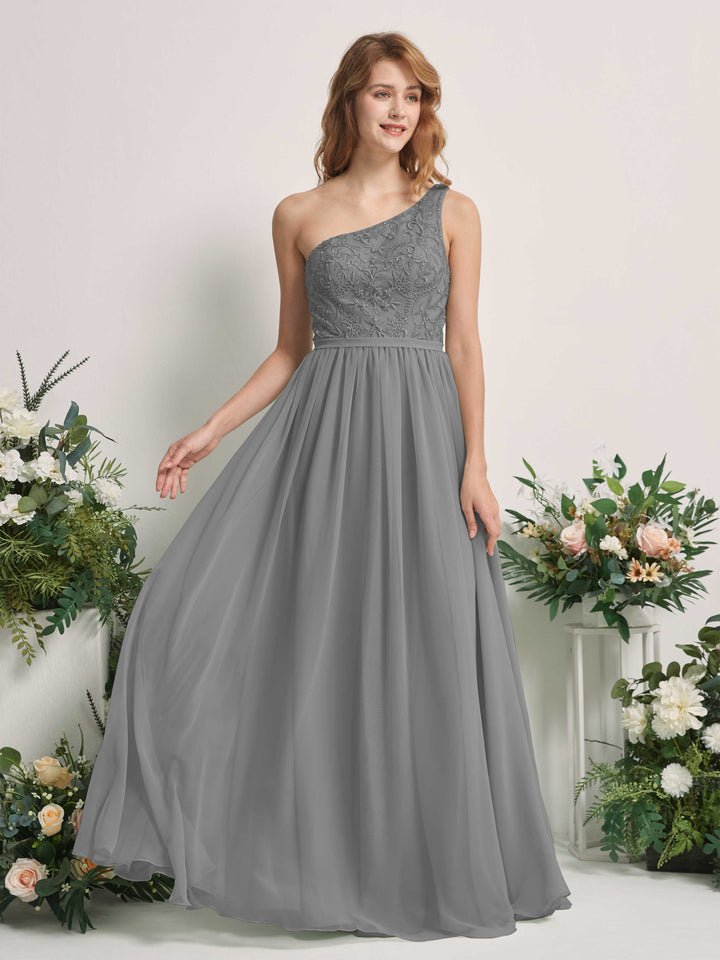 Steel Gray Bridesmaid Dresses A-line Open back One Shoulder Sleeveless Dresses (83220520)