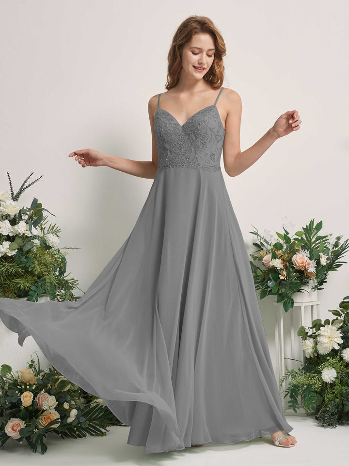 Steel Gray Bridesmaid Dresses A-line Open back Spaghetti-straps Sleeveless Dresses (83221120)