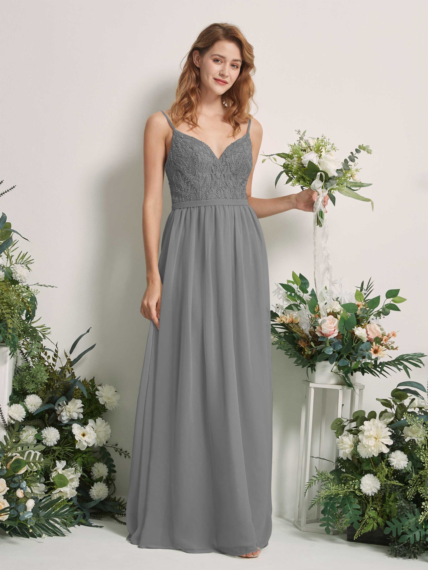 Silver Chiffon V-Neck Bridesmaid Dress A-Line Floor-Length | Carlyna Silver Chiffon V-Neck Bridesmaid Dress A-Line Floor-Length | Carlyna