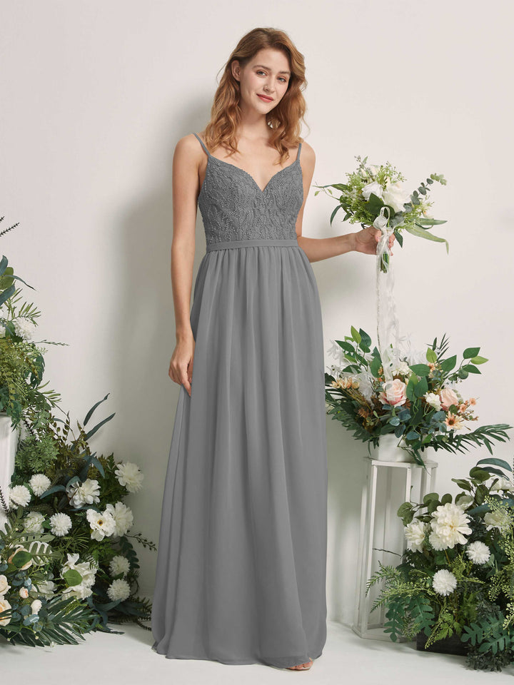Steel Gray Bridesmaid Dresses A-line Spaghetti-straps Sleeveless Chiffon Dresses (81226520)