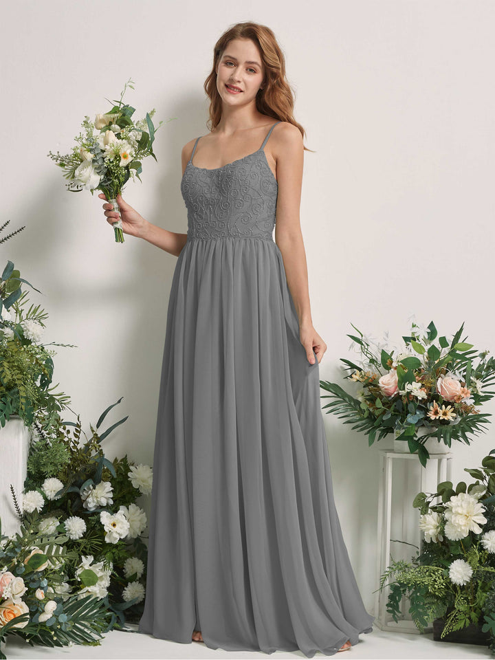 Steel Gray Bridesmaid Dresses A-line Spaghetti-straps Sleeveless Chiffon Dresses (83221220)