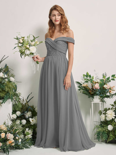 Carlyna Leona A-Line Steel Gray Embroidered Bridesmaid Dress Maxi Sleeveless Sweetheart Dress Front View #color_steel-gray